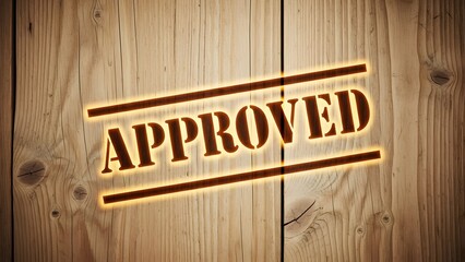Glowing Approved Stamp Design on Natural Wood Plank Background for Business and Legal Success