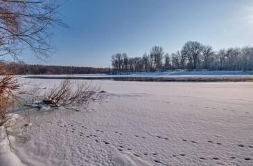 Frosty day by the river in winter.