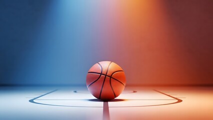 Professional Basketball on Court Floor with Dramatic Cinematic Blue and Orange Split Lighting