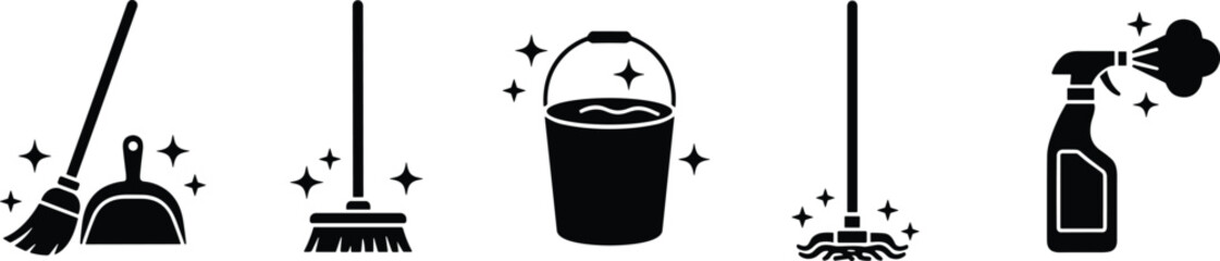 Household cleaning tools icons set, broom mop bucket spray bottle silhouettes with sparkle symbols, flat black design for hygiene concepts © Hosna