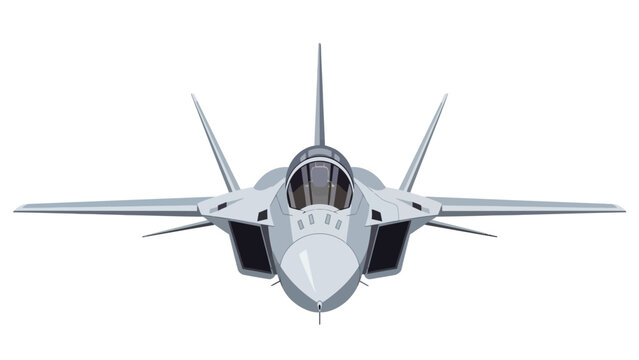 Front view of a gray stealth fighter jet against a white background