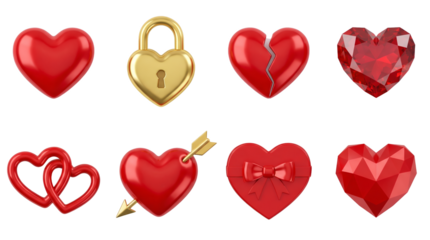 Red heart set including golden lock, broken, faceted crystal, linked, arrow, and gift box variants isolated. Valentines day and romantic love collection.
