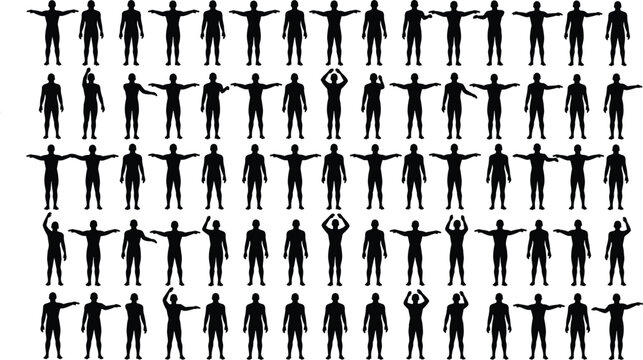 PrintHuman body silhouettes poses set, male standing figures in different positions, anatomy reference vector illustration isolated on white background
