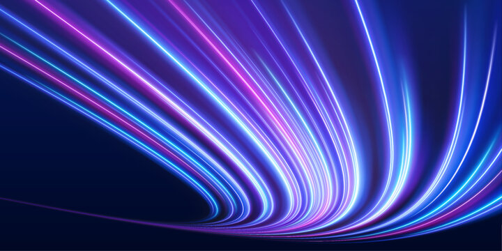 Glowing neon blue, purple laser streaks twist along a city highway at night. Motion lines, energy waves, and trail swirls highlight dynamic traffic flow in the dark. Vector illustration.