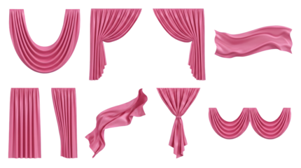 Pink silk curtain set including drapes, valances, swags, and tied fabric elements isolated. Elegant window dressing and textile interior decor collection.