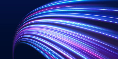 Futuristic neon laser lines flow along city streets in the dark. Glowing motion trails, energy waves, and swirling lines illustrate dynamic speed and traffic flow at night. Vector illustration.