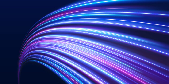 Futuristic neon laser lines flow along city streets in the dark. Glowing motion trails, energy waves, and swirling lines illustrate dynamic speed and traffic flow at night. Vector illustration.