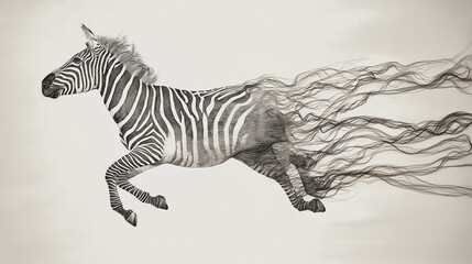 Fototapeta premium Grayscale zebra running with swirling smoke behind it. Suitable for wildlife, movement, and abstract concepts in design projects.
