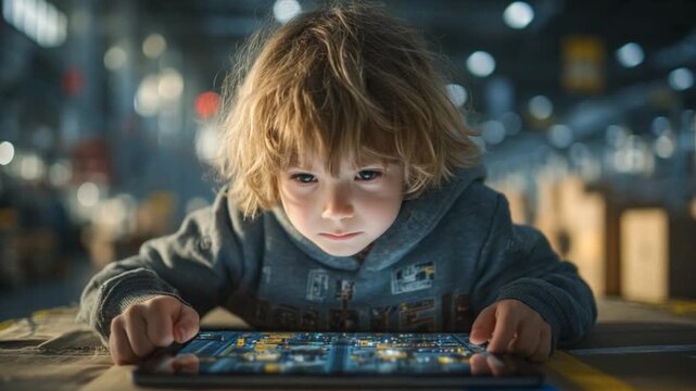 Focused Boy Playing Educational Game with Robot Warehouse Scene