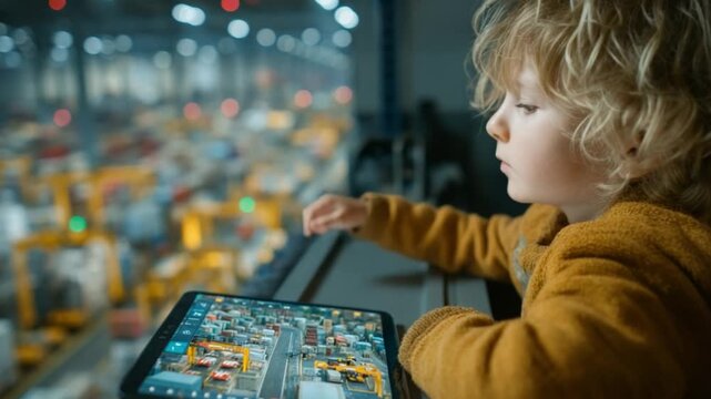Focused Boy Engaged in Educational Game with Robots