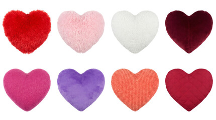 Fototapeta premium Heart shaped pillow set including fur, velvet, corduroy and quilted cushions in red, pink, purple and white colors isolated. Romantic home decor and Valentine's Day gift collection.