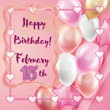 happy birthday card with balloons, text and date february 15th