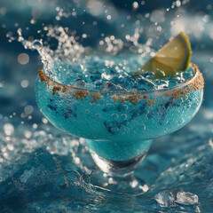 Blue cocktail in glass with water splashes and lime dynamic refreshing drink summer energy style
