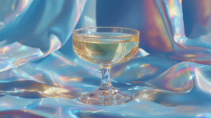 Elegant glass with clear cocktail on shimmering blue fabric pearlescent light minimalism luxury atmosphere
