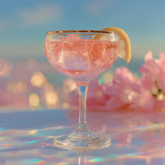 Pink cocktail in elegant glass with lemon slice on pearlescent background light celebration style mood romance aesthetic
