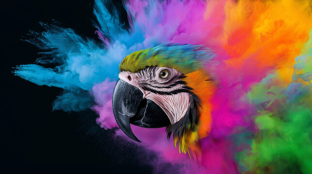 Parrot with vibrant hues against a dark background. Perfect for tropical themed designs, nature blogs, and vibrant color palettes.
