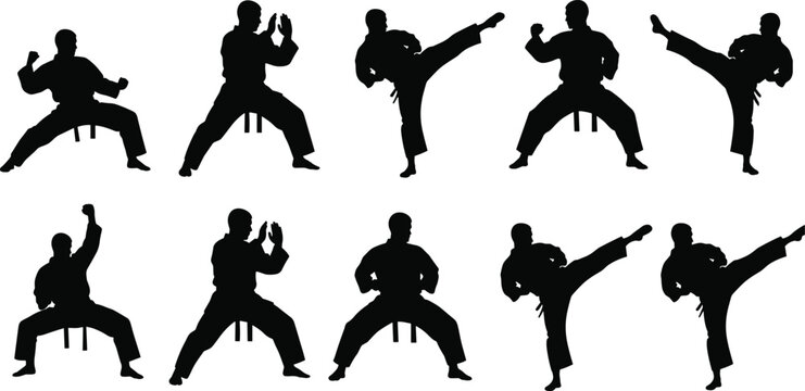 Karate martial artist silhouettes performing kicks and stances, traditional fighting techniques, discipline strength training poses, combat sport action, isolated black illustration