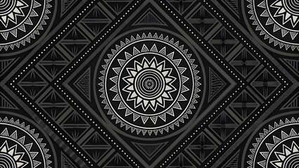 Intricate black and white geometric pattern with mandalas