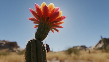 Backlit Red and Yellow Cactus Flower Blooms, a Beetle Climbs the Thorny Stem in a Sunny Desert