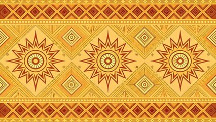 Vibrant African inspired geometric pattern with sun motifs