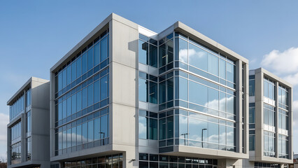 Fototapeta premium Modern Glass Office Building Exterior with Blue Sky Reflections and Contemporary Concrete Facade