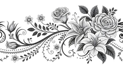 Elegant floral design with roses and leaves in black and white