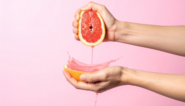 Hands squeezing grapefruit juice pink background.