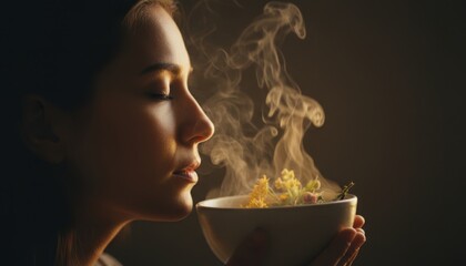 Close up Portrait of a Woman Enjoying Aromatic Steam from a Warm Herbal Bowl