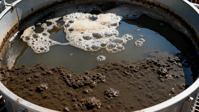 Closeup medium shot of an anaerobic clarifier tank showing sludge settling without aeration highlighting natural biogas reactions in wastewater treatment.