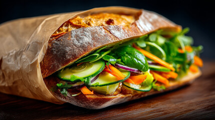 Fresh crusty baguette sandwich filled with cucumbers carrots and greens