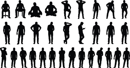 Male body language silhouettes showing standing, sitting, walking, thinking, relaxed poses, modern lifestyle concepts, black vector illustration set © Monteza