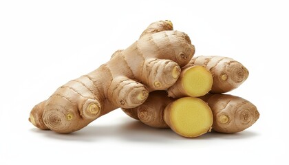 Fresh Ginger Root Pieces, One Sliced in Half, Displayed on a Clean White Background
