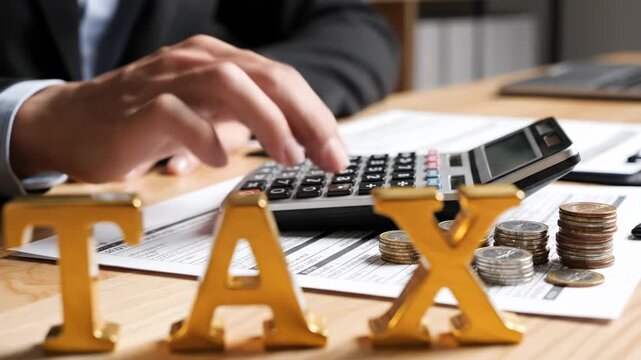 Hands Using Calculator Behind Wooden Gold Letters Spelling Tax With Coin Stacks And Paperwork, CloseUp Of Desk, Calculator Buttons, Receipts And Business Accounting Atmosphere