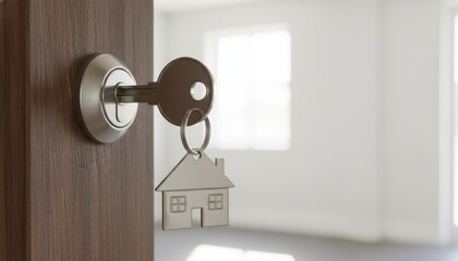 House Key with a Metallic House shaped Keychain in a Wooden Door Lock, Opening to a Bright Room