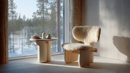 Cozy interior scene chair and table by window with snowy landscape view