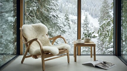 Cozy wooden chair with sheepskin in a modern room with snowy forest view