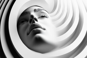 A mesmerizing portrait of a serene face emerging from spiraling forms, showcasing smooth textures and stark contrasts in light and shadow.