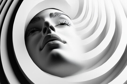 A mesmerizing portrait of a serene face emerging from spiraling forms, showcasing smooth textures and stark contrasts in light and shadow.
