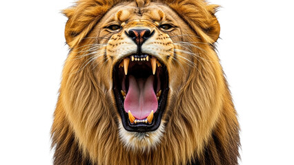 Powerful male lion with a golden mane captured in a dramatic closeup as it roars fiercely, showcasing its sharp fangs and vibrant tongue, suitable for compelling wildlife projects and