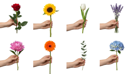 Floral collection set including rose, sunflower, tulip, lavender, peony, gerbera, eucalyptus, and hydrangea held by hand isolated. Gift and nature photography concept.