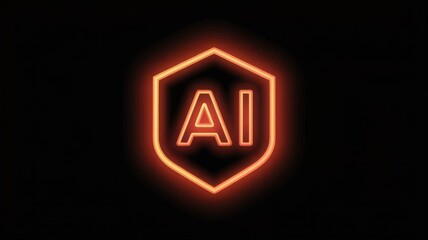 Neon AI shield logo with glowing orange light on black background