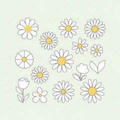 Obraz premium Daisy Flower Collection - Minimalist Line Art with Yellow Centers on Light Green Background.