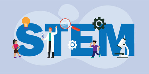 STEM education concept with scientists and children learning science 2d flat vector illustration