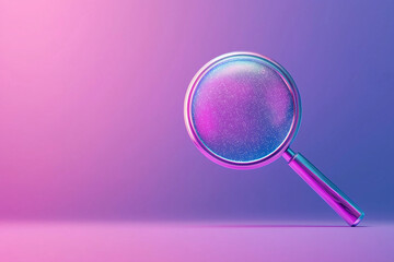 A colorful magnifying glass with a glossy finish, positioned on a smooth gradient background. Its round lens captures shimmering light, creating a vibrant visual effect.