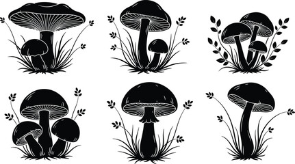 Mushroom silhouettes collection, wild forest fungi plants, botanical nature elements, isolated black toadstool shapes, vector illustration set © Monteza
