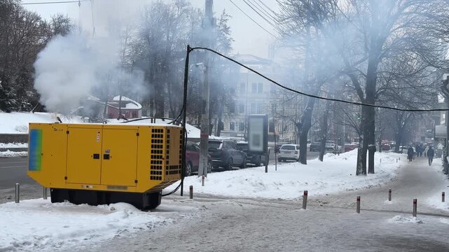 Yellow diesel generator providing emergency power supply during winter blackout on snowy urban street with smoke