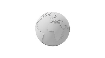 Detailed three dimensional graphic of Earth globe showing continents Europe Africa Asia in white grey on black background soft even light global conce