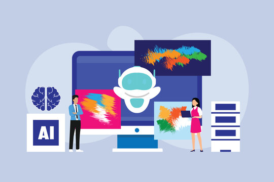 AI Generative Art and Creative Design Process with Robot Assistant 2d flat vector illustration
