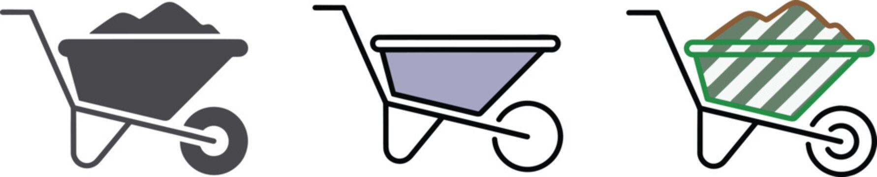 Colorful wheelbarrow icon set showing construction materials, sand, gravel, and soil loads for gardening, landscaping, building sites, and industrial manual transport illustration