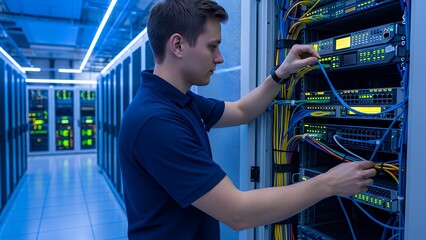 Young Male Technician Working in Data Center Server Room with Network Equipment